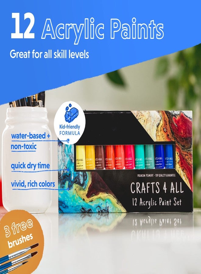 Crafts 4 ALL Acrylic Paint Set for Kids and Adults - 12 Pack of 12 mL Craft Paint Colors for Wood, Canvas, Fabric and Ceramics w/ 3 Different Sized Brushes - Art Supplies, Multi - Image 3